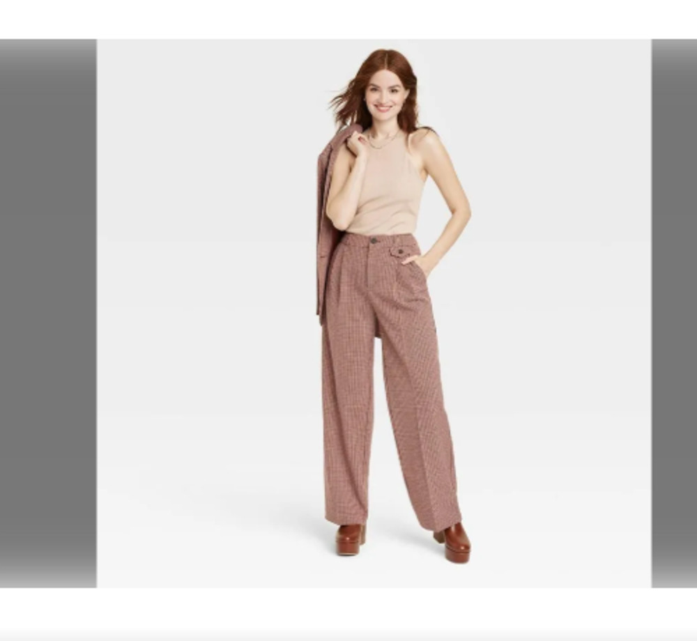 High-Rise Relaxed Fit Baggy Wide Leg Trousers Sz 6 -Brown Plaid NWT